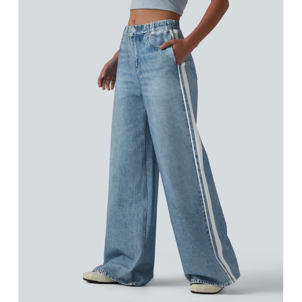 Halara Denim Print French Terry Wide Leg Side Stripe Sweatpants Jeans Blue M NWT